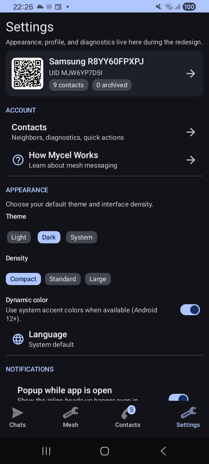 Settings screen